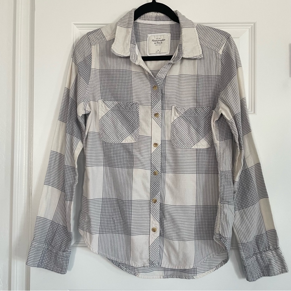 Abercrombie & Fitch Gray and Blue Cotton Flannel Plaid Shirt